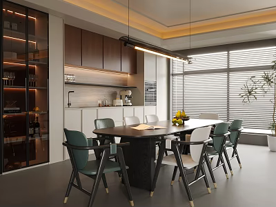 Modern Restaurant Interior With Dining Table Green Chairs Pendant Lights Large Windows And Plants 3d model