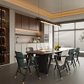 Modern Restaurant Interior With Dining Table Green Chairs Pendant Lights Large Windows And Plants