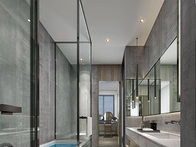 Modern Minimalist Luxury Bathroom With Glass Shower Enclosure Integrated Vanity And Textured Stone Wall Decor 3d model