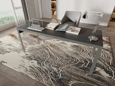 Modern Home Office Desk With Gray Surface Chair Lamp Books And Area Rug 3d model