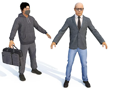Two Men In Different Outfits With Hoodie Sweatpants Blazer Tie Jeans And Glasses 3d model