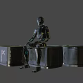 Black Robots Standing And Sitting On Black Hexagonal Platforms With Z Plus And X Logos 3d model