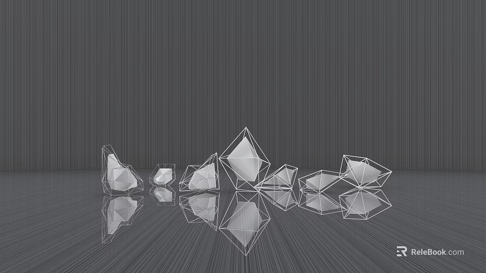 Transparent Geometric Sculptures Crystal like Shapes On Reflective Surface With Gray Background And Clean Lines 3d model 