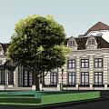 Traditional Commercial Street With Multiple Buildings Green Spaces And Pedestrian Walkways
