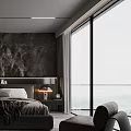 Modern Bedroom With Walk In Closet Dark Textured Wall And Floor To Ceiling Windows