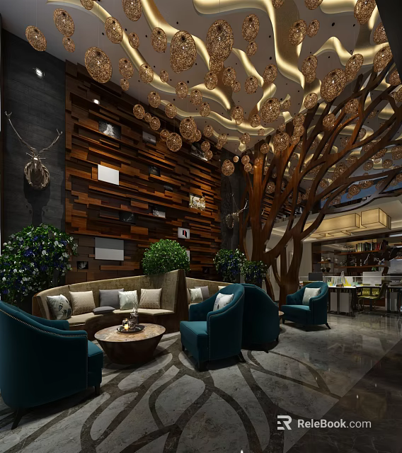 Elegant Lounge Area With Plush Sofa Teal Armchairs Decorative Tree Wooden Wall And Chandeliers 3d model 