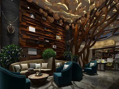 Elegant Lounge Area With Plush Sofa Teal Armchairs Decorative Tree Wooden Wall And Chandeliers 3d model