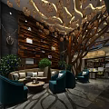 Elegant Lounge Area With Plush Sofa Teal Armchairs Decorative Tree Wooden Wall And Chandeliers