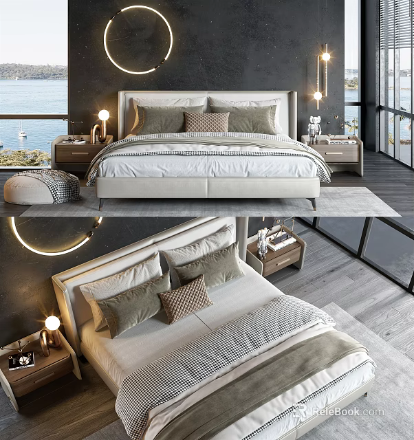 Modern Double Bed In Cozy Bedroom With Plush Pillows Wooden Nightstands And Seaside View 3d model 