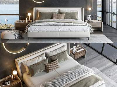 Modern Double Bed In Cozy Bedroom With Plush Pillows Wooden Nightstands And Seaside View 3d model