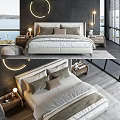 Modern Double Bed In Cozy Bedroom With Plush Pillows Wooden Nightstands And Seaside View