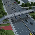 Pedestrian Bridge Over Wide Highway With Pedestrians Vehicles Trees Blue Sky And White Clouds