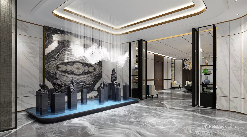 Modern Hotel Lobby Interior With Marble Floor Large Decorative Wall And Hanging Chandelier Sculptures 3d model 