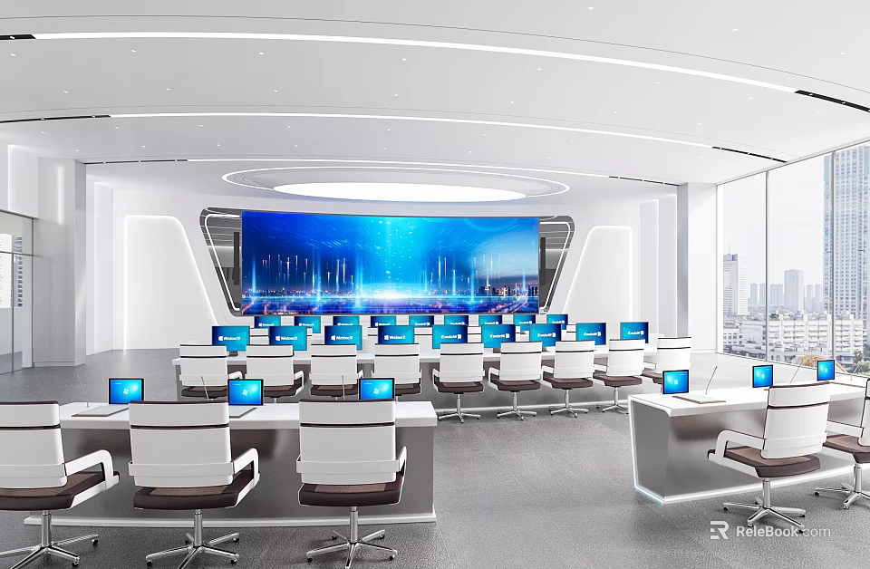 Modern Monitoring Room Setup With Large Surveillance Screens And Multiple Workstations 3d model 