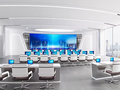 Modern Monitoring Room Setup With Large Surveillance Screens And Multiple Workstations 3d model