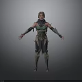 Woman In Green And Dark Armored Outfit With Shoulder Guards And Outstretched Arms