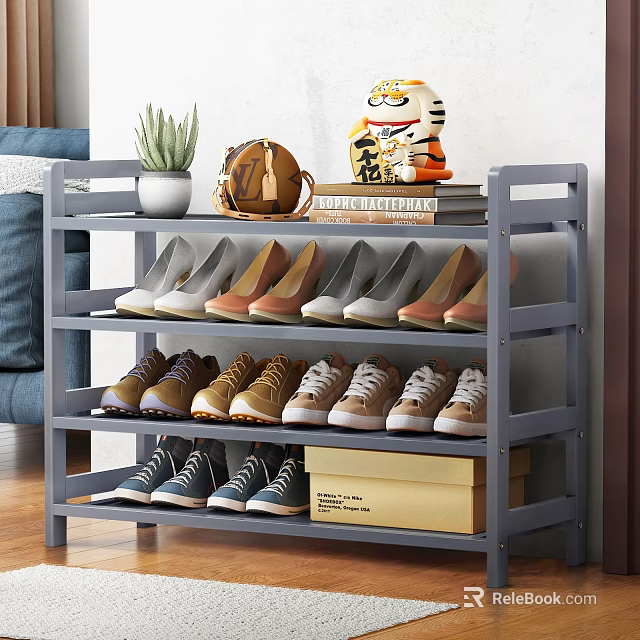 Gray Multi tier Shoe Rack with High Heels Sneakers and Top Decorative Items 3d model 