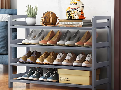 Gray Multi tier Shoe Rack with High Heels Sneakers and Top Decorative Items 3d model