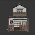 Cartoon Scene Of Traditional Japanese Two Story House With Black Tile Roof And Wooden Structure