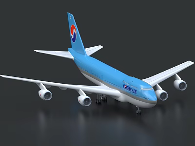 Korean Air Large Passenger Aircraft With Blue Fuselage Four Engines And Tail Logo 3d model