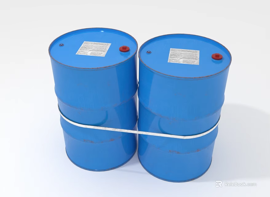 Two Blue Barrels Tied Together With White Strap Red Caps And Labels 3d model 