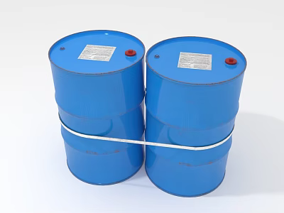 Two Blue Barrels Tied Together With White Strap Red Caps And Labels 3d model