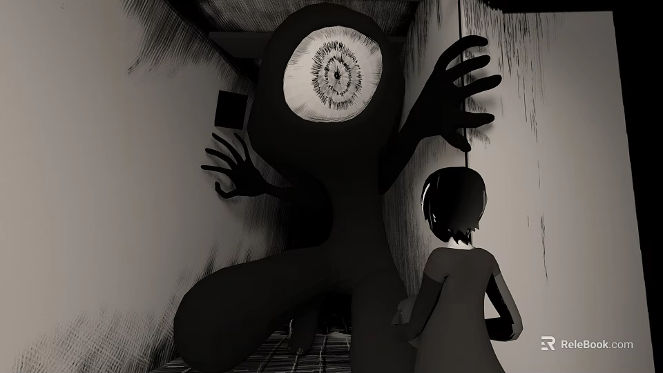 Giant Black Game Movie Character With Single Large Eye Near Little Girl In Dim Room 3d model 