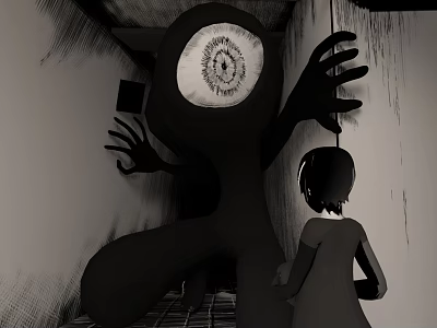 Giant Black Game Movie Character With Single Large Eye Near Little Girl In Dim Room 3d model