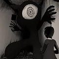 Giant Black Game Movie Character With Single Large Eye Near Little Girl In Dim Room