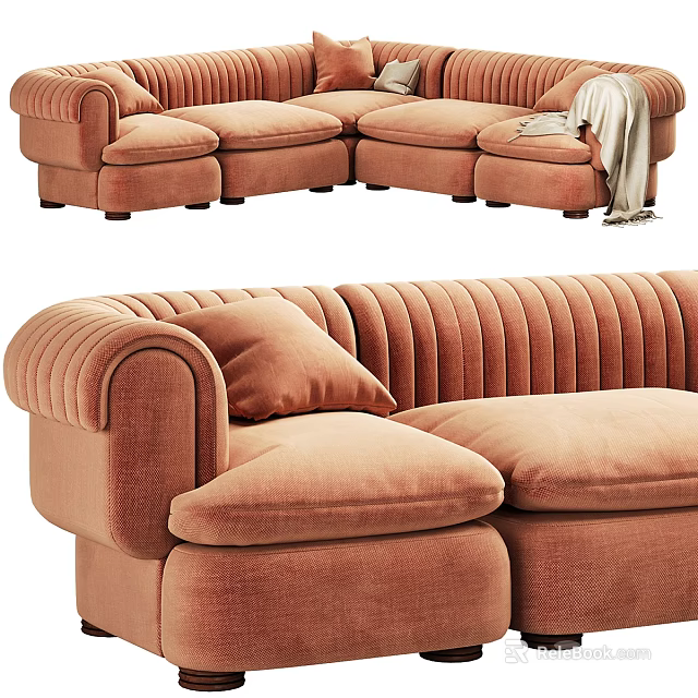 Cozy Orange Velvet Multi Seater Sofa With Plush Armrests And Cushions 3d model 