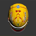 Yellow Race Car Helmet With Red Stripes Ferrari Logo And Sponsor Brands