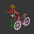 Cheerful Character With Red Cap Standing By Red Bicycle With Orange Seat And White Wheels