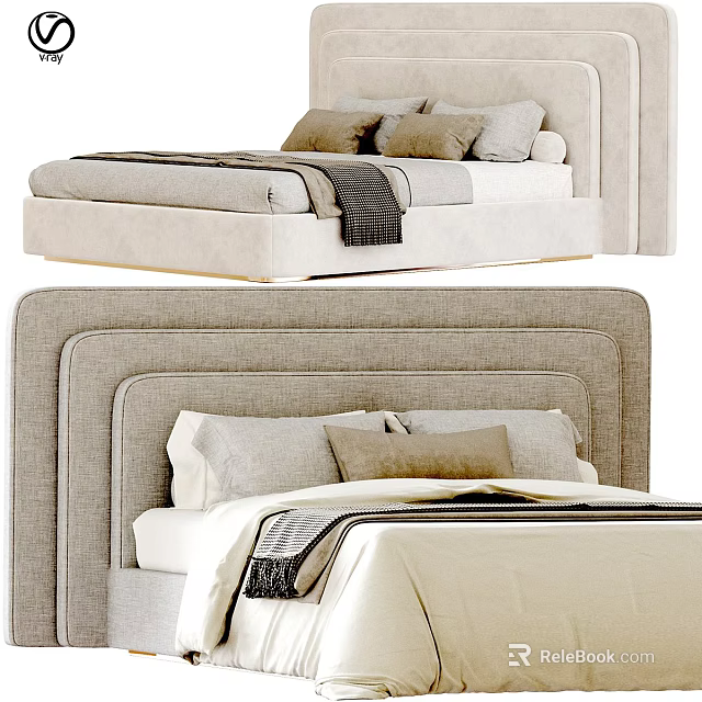 Modern Double Bed Featuring Upholstered Layered Headboard Soft Beige Pillows And Throw Blanket 3d model