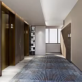 Modern Elevator Hallway Interior With Wooden Doors Patterned Carpet And Lighting 3d model