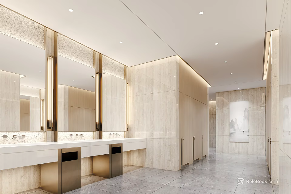 Modern Public Restroom With Sinks Mirrors And Lighting 3d model 