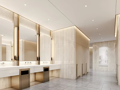 Modern Public Restroom With Sinks Mirrors And Lighting 3d model