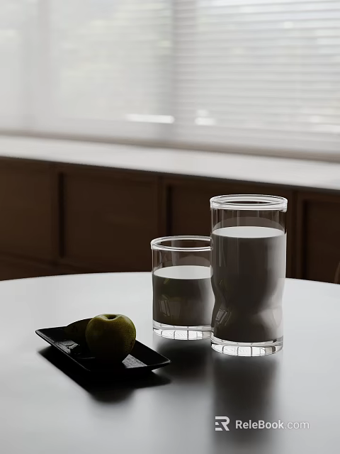 Decorative Ornament Set With Glass Cups Milk Green Apple And Black Tray On Tabletop 3d model 