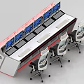 Modern Office Desk With Multiple Monitors Ergonomic Chairs And Red Lighting 3d model