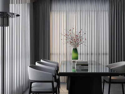 Elegant Luxury Restaurant Interior With Glass Dining Table Gray Chairs Green Vase And Curtains 3d model
