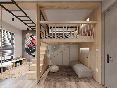 Kids Room Interior Design With Wooden Bunk Bed Stairs Swing And Rock Climbing Wall 3d model