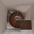 Modern Spiral Staircase With Wooden Steps Green Plant Wall Painting And Marble Floor