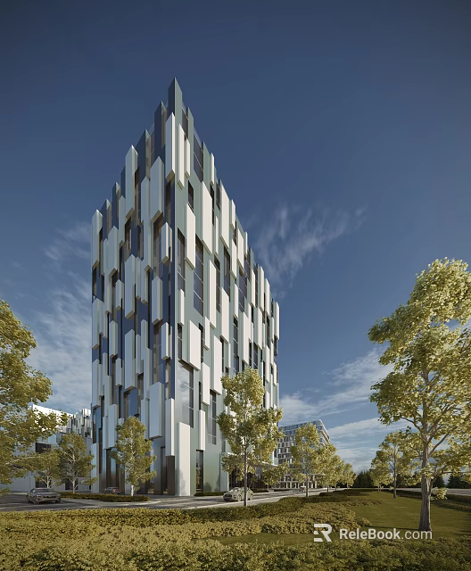 Modern Office Building Exterior With Geometric Glass Facade And Surrounding Trees Under Blue Sky 3d model 