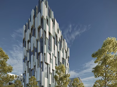 Modern Office Building Exterior With Geometric Glass Facade And Surrounding Trees Under Blue Sky 3d model