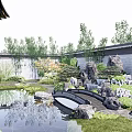 Serene Courtyard Garden With Pond Stone Bridge Rock Formations Lush Greenery And Stone Pathway
