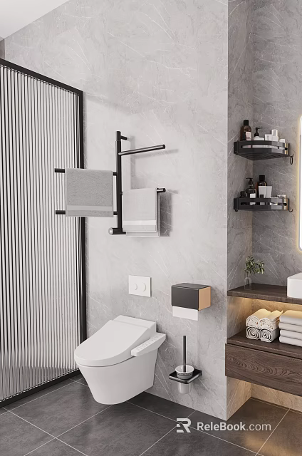 Wall Mounted Bathroom Cabinet Rack with Towel Holder Shelf and Toiletries on Gray Wall 3d model 
