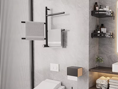 Wall Mounted Bathroom Cabinet Rack with Towel Holder Shelf and Toiletries on Gray Wall 3d model