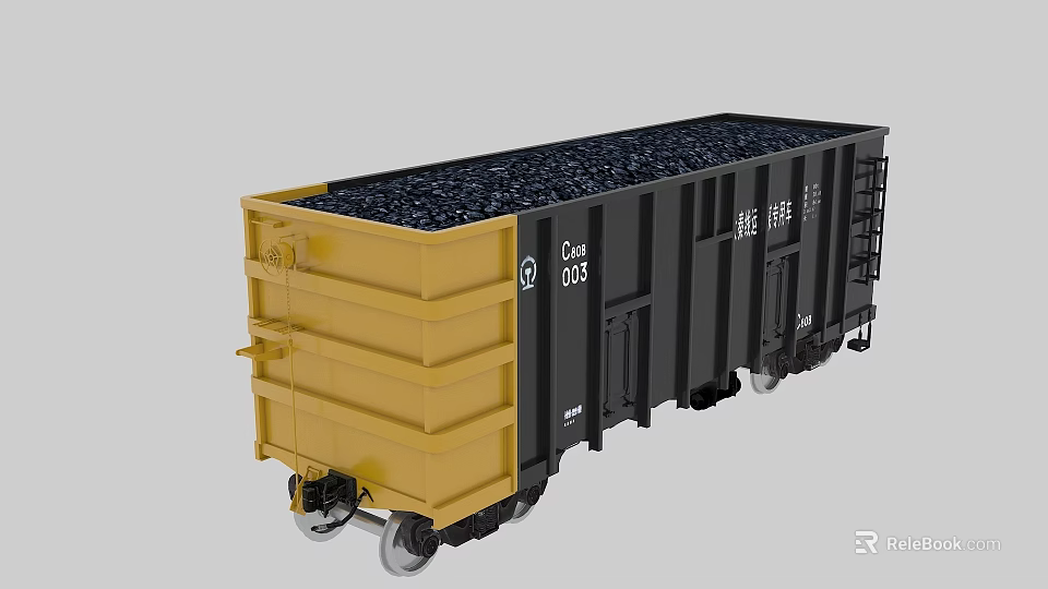 Yellow And Black Railway Freight Train Car Loaded With Coal 3d model