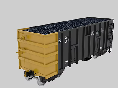 Yellow And Black Railway Freight Train Car Loaded With Coal 3d model