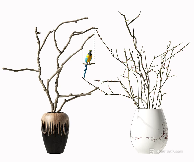 Brown Vertical Striped and White Red Spotted Vases with Branches and Hanging Colorful Bird 3d model 