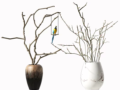 Brown Vertical Striped and White Red Spotted Vases with Branches and Hanging Colorful Bird 3d model
